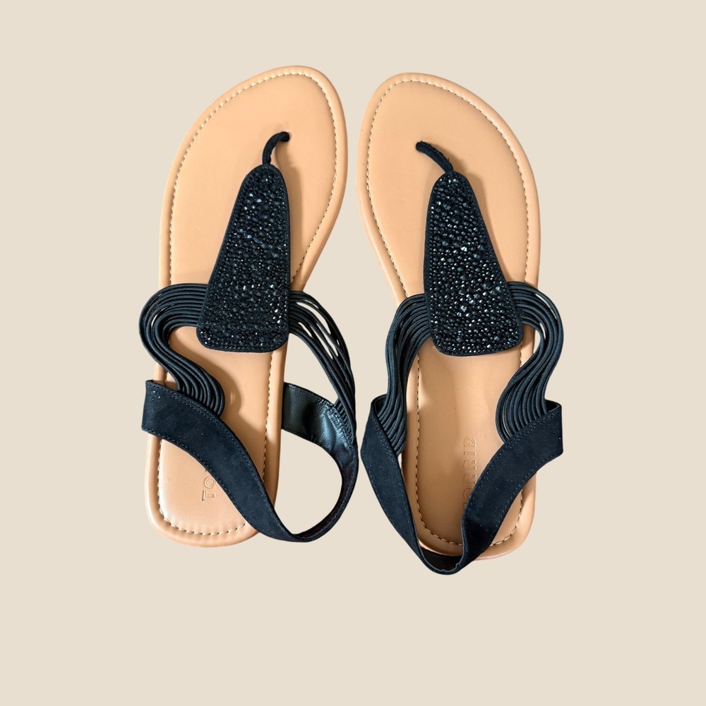 Torrid Sandals Women 13WW Black Rhinestone Strappy Thong Slingback Flat Vacation